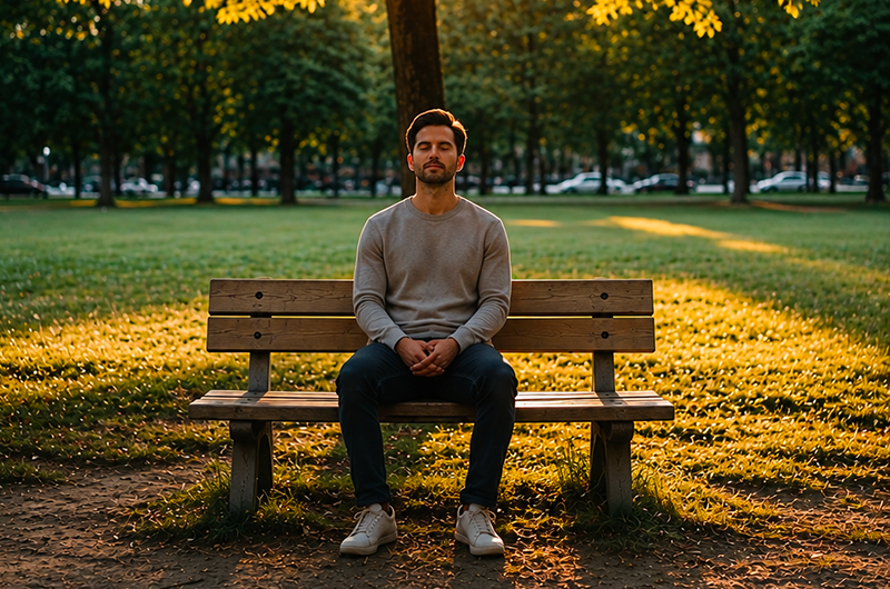 Uomo seduto in silenzio su una panchina in un parco, con gli occhi chiusi, immerso in un momento di ascolto interiore.