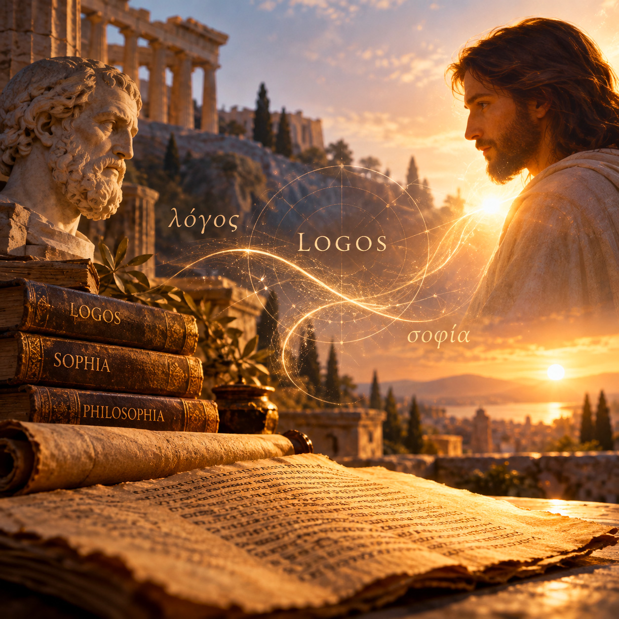 l Logos tra filosofia greca e cristianesimo, rappresentato dall’incontro simbolico tra un filosofo greco e Cristo, con antichi testi dedicati a Logos e Sophia.