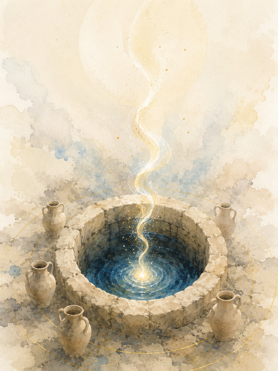 Illustrazione simbolica di un pozzo con acqua luminosa e cinque anfore attorno. Dal centro della sorgente si innalza una spirale di luce che rappresenta l’acqua viva e il risveglio interiore